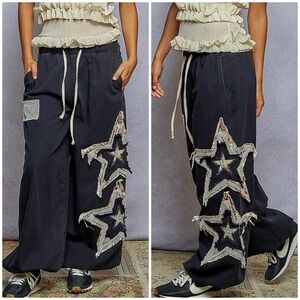 POL Stylish Black Star Embellished Jogger Pants